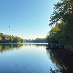 A serene landscape featuring a calm lake surrounded by lush green trees, with a clear blue sky and gentle sunlight casting reflections on the water