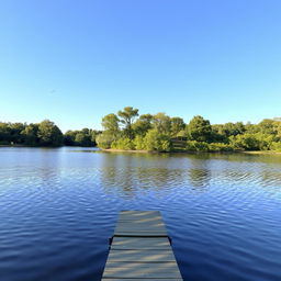 A serene landscape featuring a calm lake surrounded by lush green trees, with a clear blue sky and gentle sunlight casting reflections on the water