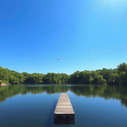 A serene landscape featuring a calm lake surrounded by lush green trees, with a clear blue sky and gentle sunlight casting reflections on the water