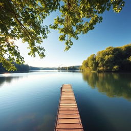 A serene landscape featuring a calm lake surrounded by lush green trees, with a clear blue sky and gentle sunlight casting reflections on the water