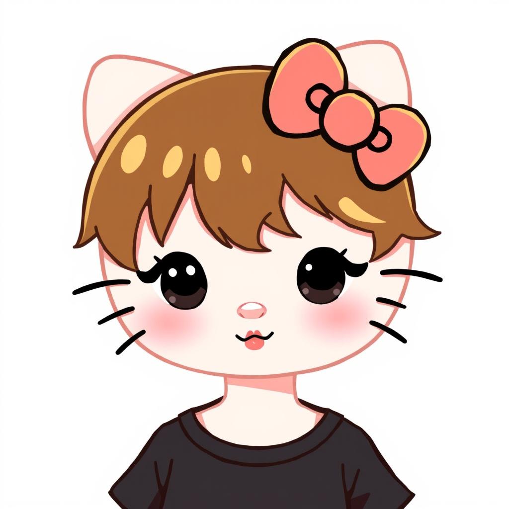 A cute Hello Kitty character with brown hair and blonde highlights, wearing a black tee and lipgloss