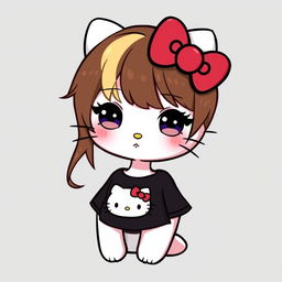 A cute Hello Kitty character with brown hair and blonde highlights, wearing a black tee and lipgloss