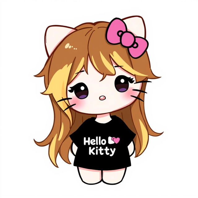 A cute Hello Kitty character with brown hair and blonde highlights, wearing a black tee and lipgloss