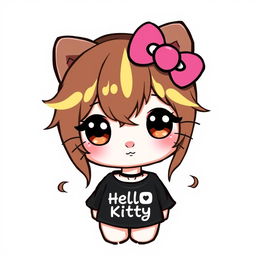 A cute Hello Kitty character with brown hair and blonde highlights, wearing a black tee and lipgloss