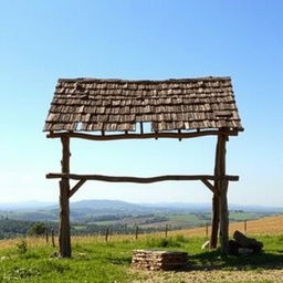 A tavern consisting of only a roof, with no walls or foundation, standing alone in a picturesque landscape