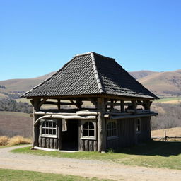 A tavern consisting of only a roof, with no walls or foundation, standing alone in a picturesque landscape