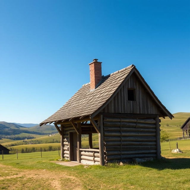 A tavern consisting of only a roof, with no walls or foundation, standing alone in a picturesque landscape