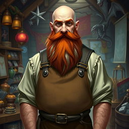 A tall bald man with a red beard and gray mustache, wearing a leather apron, stands as a merchant in a Dungeons & Dragons world