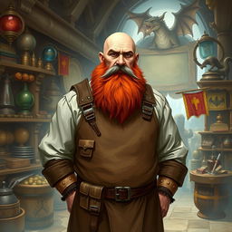 A tall bald man with a red beard and gray mustache, wearing a leather apron, stands as a merchant in a Dungeons & Dragons world