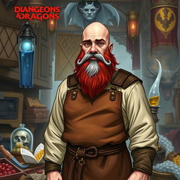 A tall bald man with a red beard and gray mustache, wearing a leather apron, stands as a merchant in a Dungeons & Dragons world