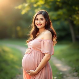 A pregnant woman standing in a serene environment, showcasing the beauty and joy of motherhood