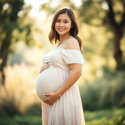 A pregnant woman standing in a serene environment, showcasing the beauty and joy of motherhood