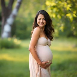 A pregnant woman standing in a serene environment, showcasing the beauty and joy of motherhood