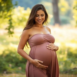 A pregnant woman standing in a serene environment, showcasing the beauty and joy of motherhood