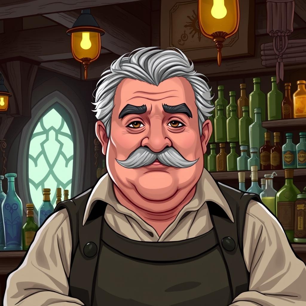 A gray-haired man with a short haircut and a plump build, with slightly curled mustache, resembling a wealthy bartender named Toblen Stonehill