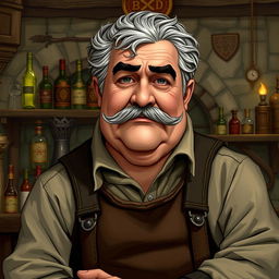 A gray-haired man with a short haircut and a plump build, with slightly curled mustache, resembling a wealthy bartender named Toblen Stonehill