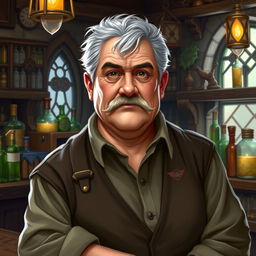 A gray-haired man with a short haircut and a plump build, with slightly curled mustache, resembling a wealthy bartender named Toblen Stonehill