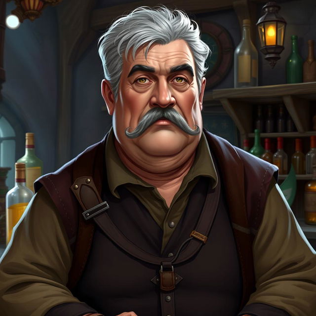 A gray-haired man with a short haircut and a plump build, with slightly curled mustache, resembling a wealthy bartender named Toblen Stonehill