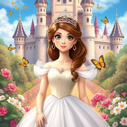 A beautiful princess standing in a majestic castle garden, wearing an elegant gown and a sparkling tiara