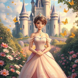 A beautiful princess standing in a majestic castle garden, wearing an elegant gown and a sparkling tiara