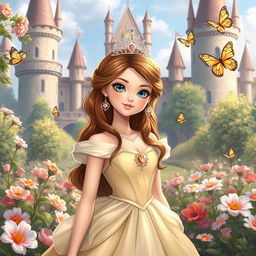 A beautiful princess standing in a majestic castle garden, wearing an elegant gown and a sparkling tiara