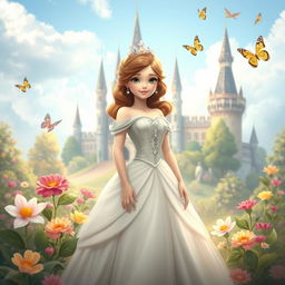 A beautiful princess standing in a majestic castle garden, wearing an elegant gown and a sparkling tiara