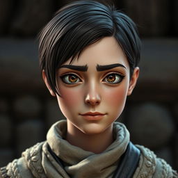 A brunette parent with short hair, narrow brown eyes with thin eye slits