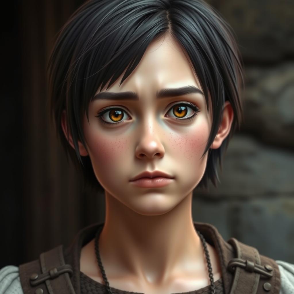 A brunette parent with short hair, narrow brown eyes with thin eye slits