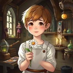 A ten-year-old boy with light brown hair, neatly cut, and wearing a white apron holds a daisy in his hands