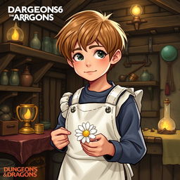 A ten-year-old boy with light brown hair, neatly cut, and wearing a white apron holds a daisy in his hands