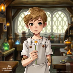 A ten-year-old boy with light brown hair, neatly cut, and wearing a white apron holds a daisy in his hands