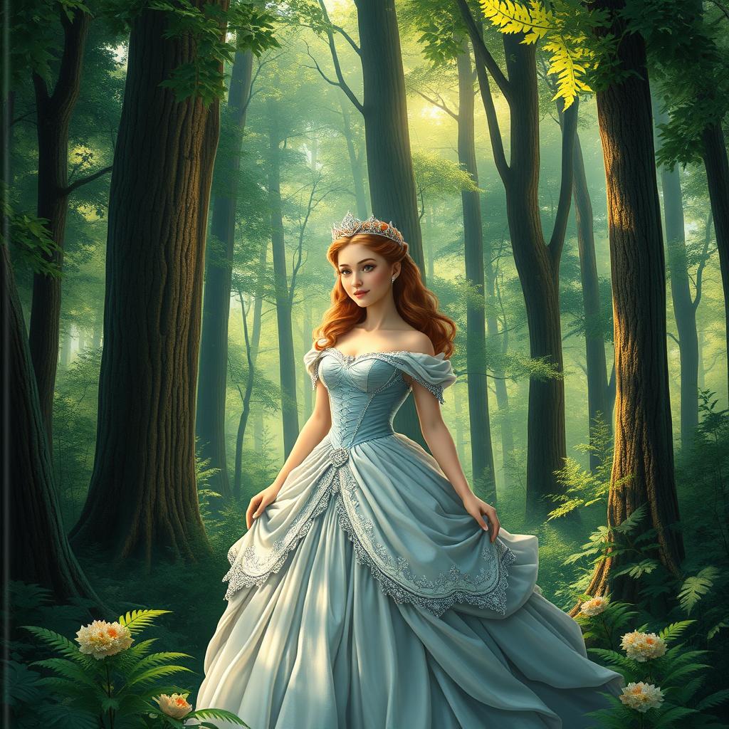 A realistic book cover featuring a princess in a lush, enchanting forest