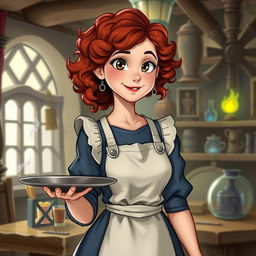 Elsa, a chatty and busty fourteen-year-old girl with curly red hair, wearing an apron and an old blue dress, holds a tray in her hand