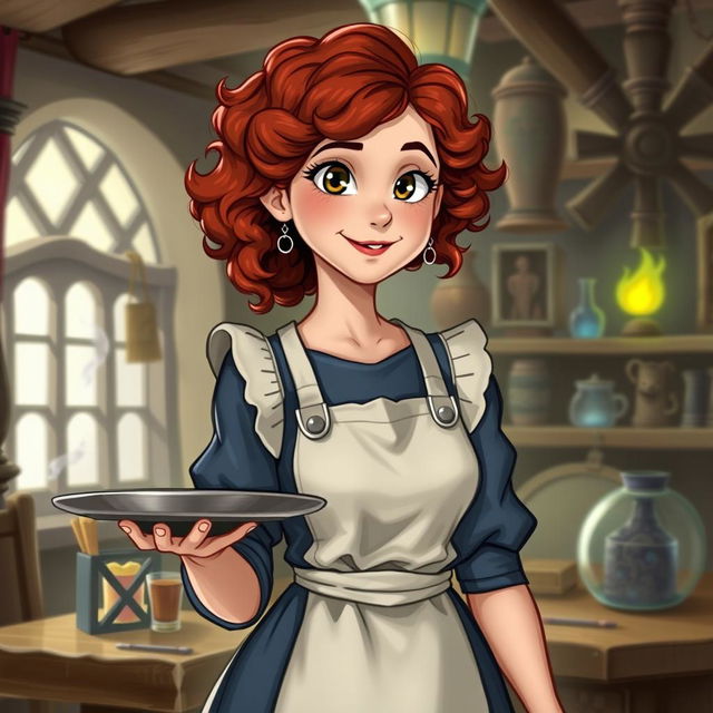 Elsa, a chatty and busty fourteen-year-old girl with curly red hair, wearing an apron and an old blue dress, holds a tray in her hand