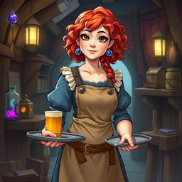 Elsa, a chatty and busty fourteen-year-old girl with curly red hair, wearing an apron and an old blue dress, holds a tray in her hand