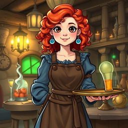 Elsa, a chatty and busty fourteen-year-old girl with curly red hair, wearing an apron and an old blue dress, holds a tray in her hand