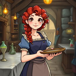 Elsa, a chatty and busty fourteen-year-old girl with curly red hair, wearing an apron and an old blue dress, holds a tray in her hand