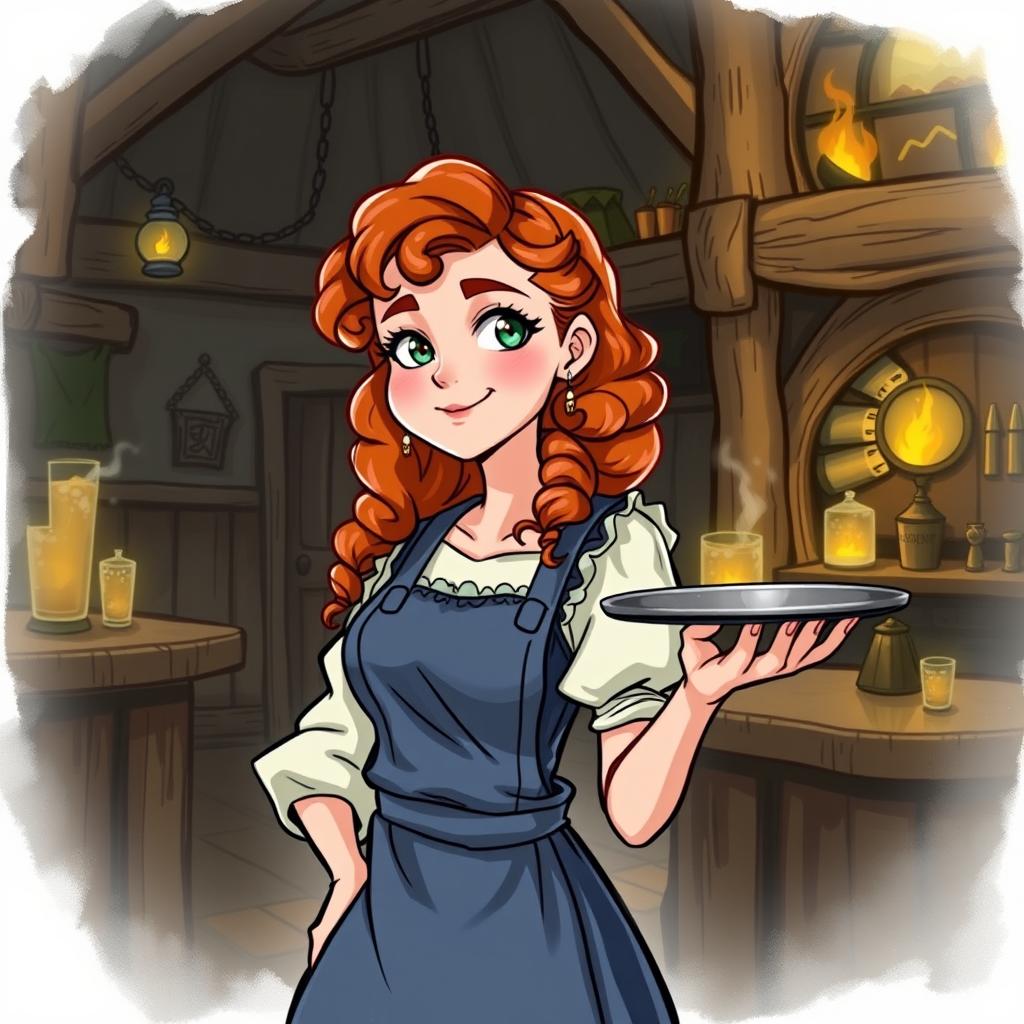 Elsa, a chatty fourteen-year-old girl with curly red hair and a large chest, wearing an apron and an old blue dress, holds a tray in her hand