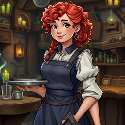 Elsa, a chatty fourteen-year-old girl with curly red hair and a large chest, wearing an apron and an old blue dress, holds a tray in her hand