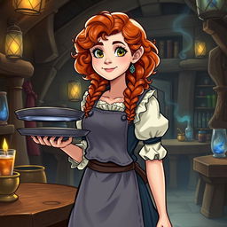 Elsa, a chatty fourteen-year-old girl with curly red hair and a large chest, wearing an apron and an old blue dress, holds a tray in her hand