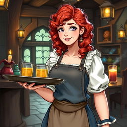 Elsa, a chatty fourteen-year-old girl with curly red hair and a large chest, wearing an apron and an old blue dress, holds a tray in her hand