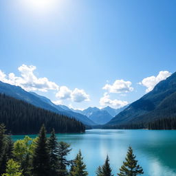 A beautiful landscape featuring a serene lake surrounded by lush green forests and majestic mountains in the background