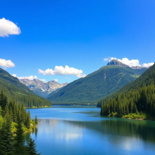 A beautiful landscape featuring a serene lake surrounded by lush green forests and majestic mountains in the background