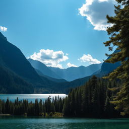 A beautiful landscape featuring a serene lake surrounded by lush green forests and majestic mountains in the background