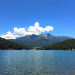 A beautiful landscape featuring a serene lake surrounded by lush green forests and majestic mountains in the background