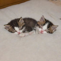 The kittens, exhausted from a day full of adventures, cuddling up together and drifting off to sleep in their warm home