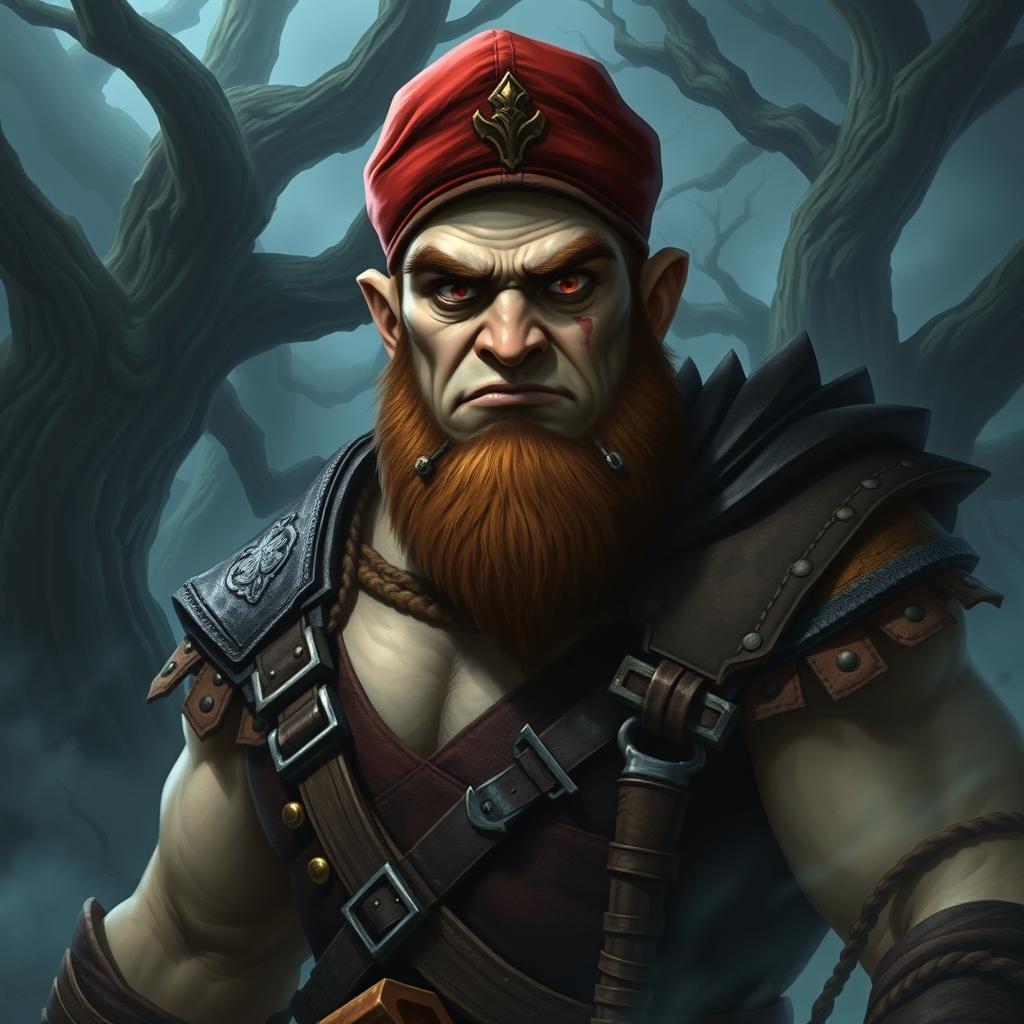 A bald, menacing giant with an angry expression, dressed in a red cap and worn leather armor, with a scar on his face