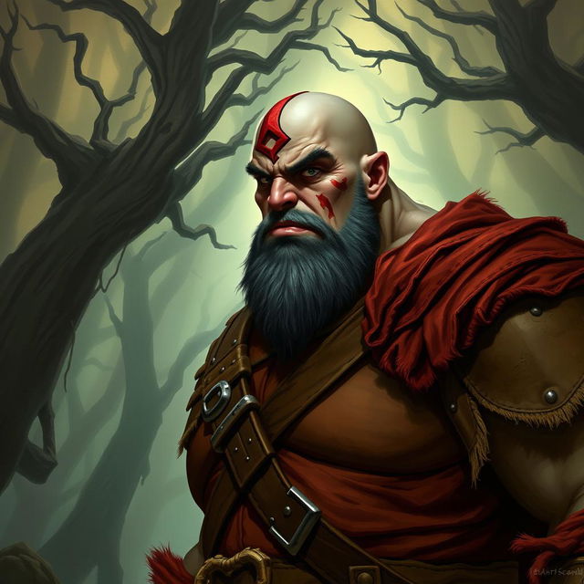 A bald, menacing giant with an angry expression, dressed in a red cap and worn leather armor, with a scar on his face