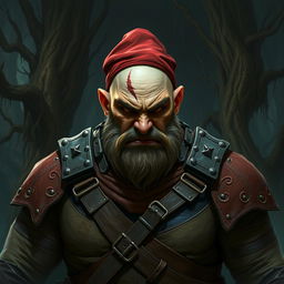 A bald, menacing giant with an angry expression, dressed in a red cap and worn leather armor, with a scar on his face