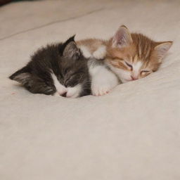 The kittens, exhausted from a day full of adventures, cuddling up together and drifting off to sleep in their warm home